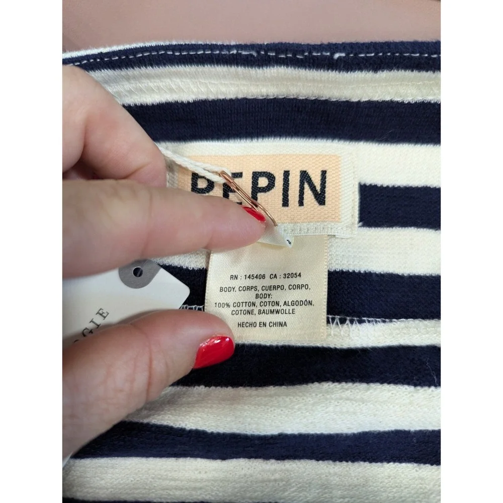 Anthropologie Pepin Nautical Stripe Cotton Tunic Dress Size L Crochet‎ Trim Navy